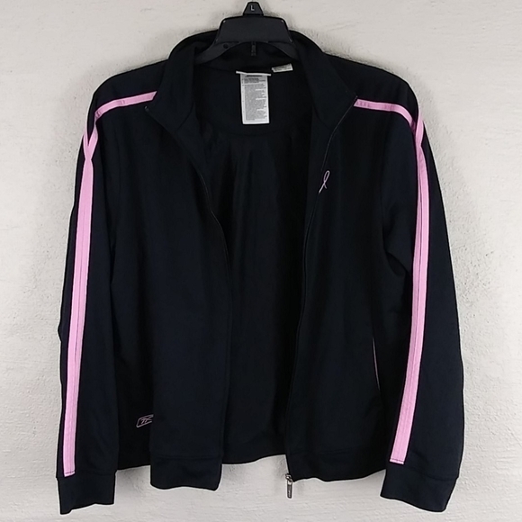 𝅺Reebox Breast Cancer Awareness Black Pink  Detail Long Sleeve Zip Up Jacket - Picture 5 of 10